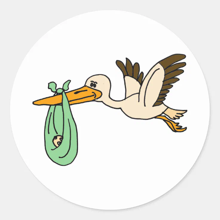 XX- Funny Stork Carrying Baby Classic Round Sticker | Zazzle