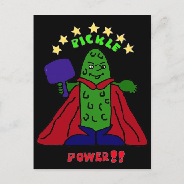 XX- Pickle Power Superhero Pickleball Cartoon Postcard (Front)