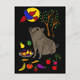 XX- Pot Bellied Pig and Fruit Folk Art Design Postcard