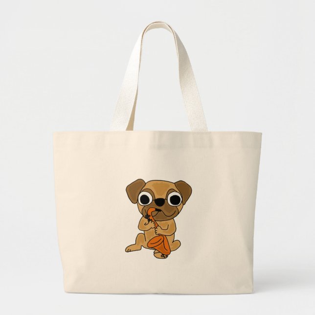 XX- Pug Playing Saxophone Cartoon Large Tote Bag (Front)