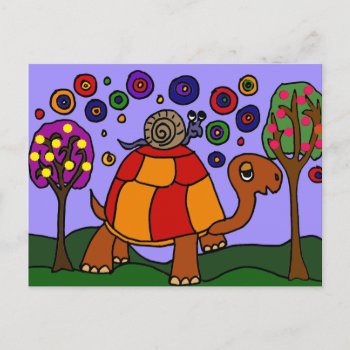 Xx- Snail Riding Turtle Folk Art Postcard by tickleyourfunnybone at Zazzle