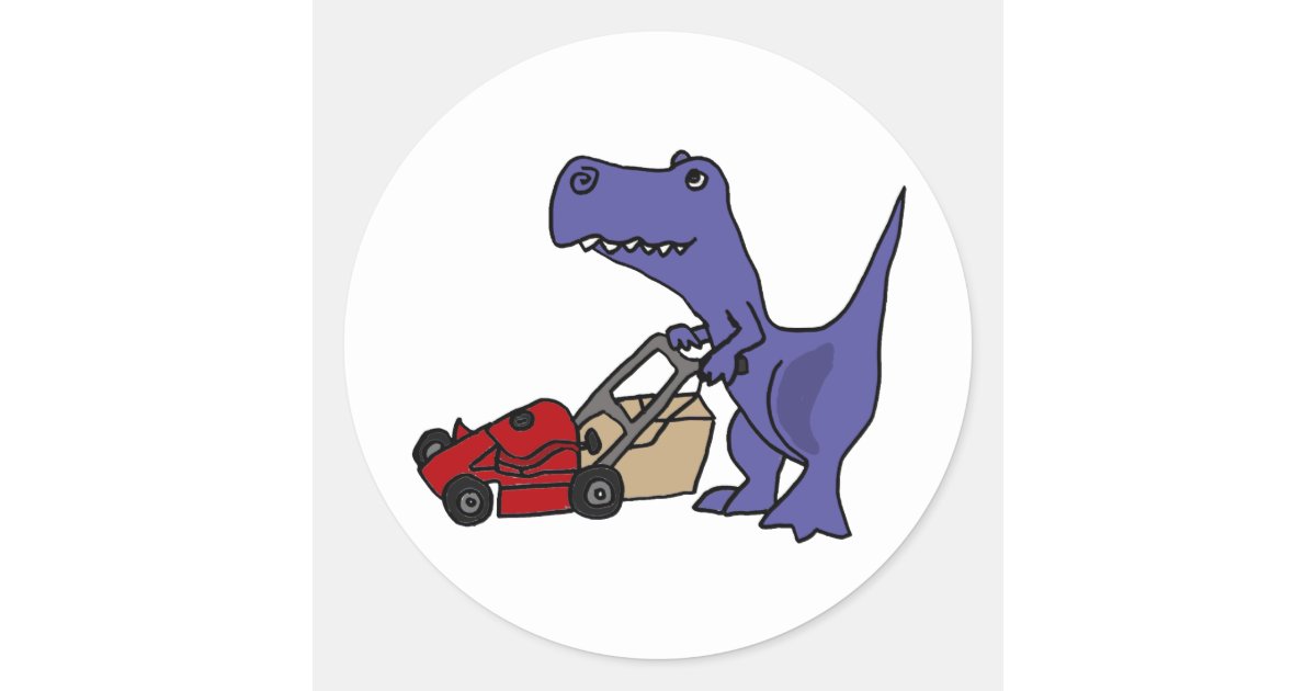 Xx T Rex Dinosaur Pushing Lawn Mower Classic Round Sticker Zazzle Com
