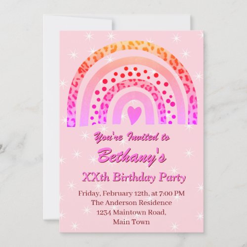 XXth Leopard Print Boho Pink Rainbow Birthday Invitation