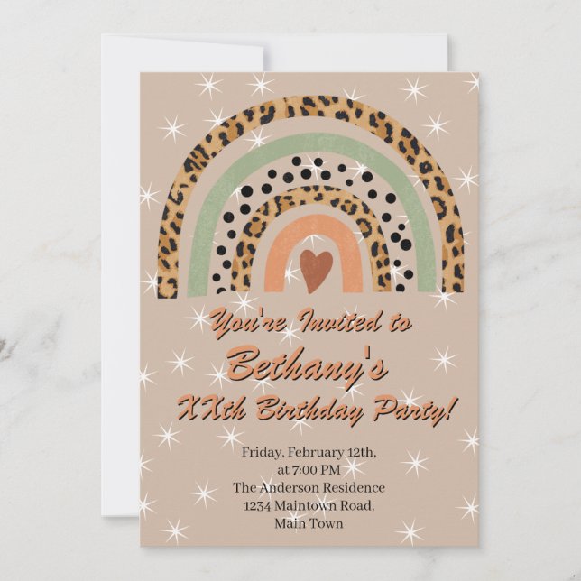 XXth Leopard Print Boho Rainbow Birthday Party     Invitation (Front)