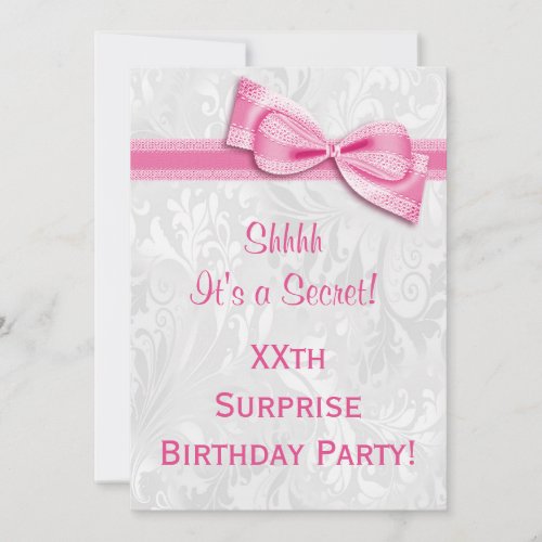XXth SURPRISE Birthday Party Damask  Pink Bow Invitation