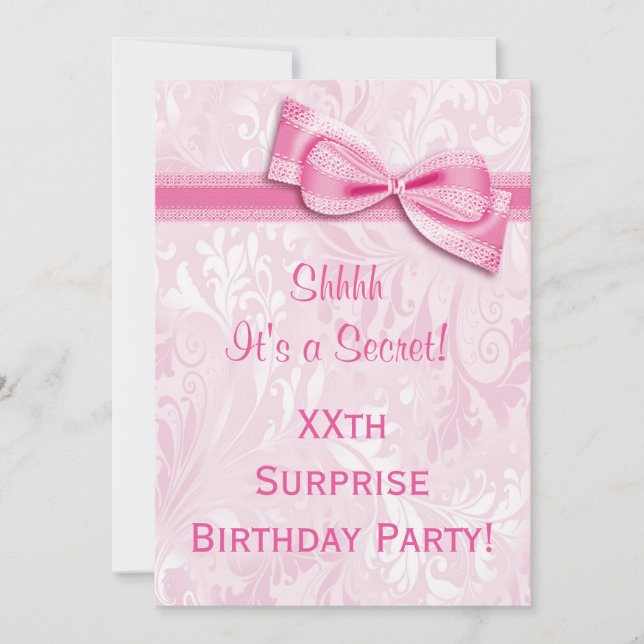 XXth SURPRISE Birthday Party Pink Damask and Bow Invitation (Front)