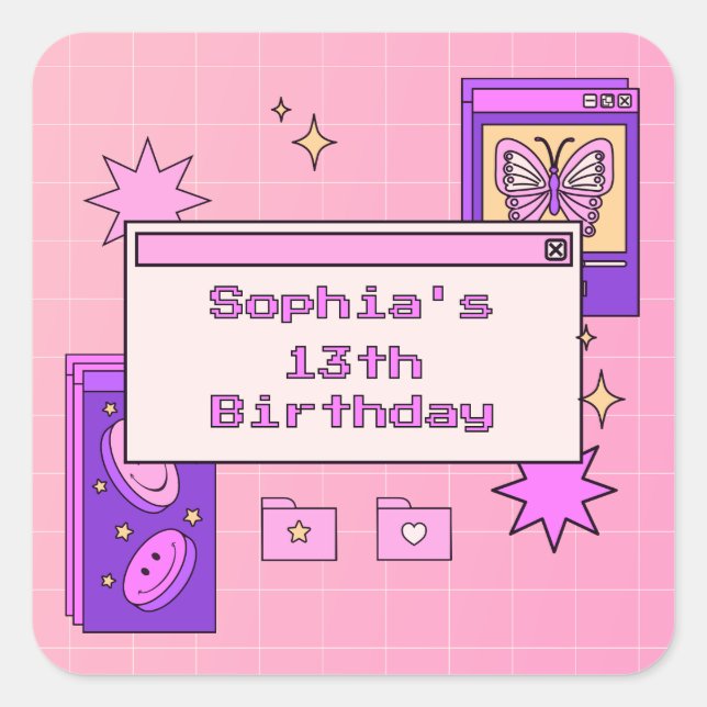 Y2K 2000s Retro Computer Interface Birthday Party Square Sticker (Front)