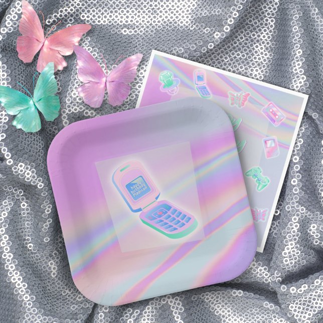 Y2K cell phone text iridescent happy birthday name Paper Plates (Creator Uploaded)
