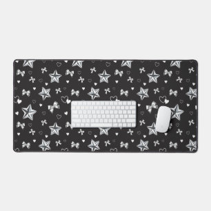 Y2K Coquette Metallic Silver Star Ribbon Black Desk Mat