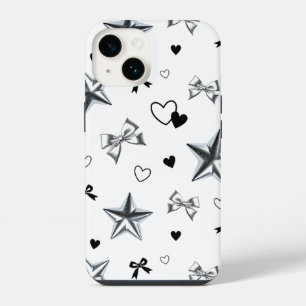 Y2K Dark Coquette Silver Star Ribbon Heart Pattern iPhone 14 Case
