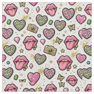 Y2K Fabric with Pink Hearts  Lips Pattern Collage 