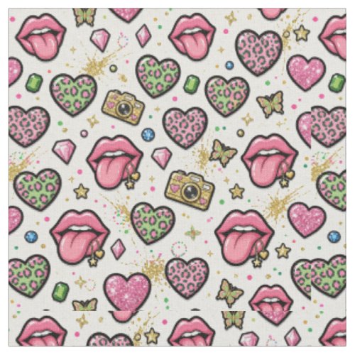 Y2K Fabric with Pink Hearts  Lips Pattern Collage