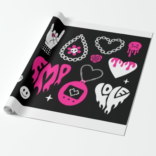 Y2k glamour pink and black elements set Butterfly Wrapping Paper