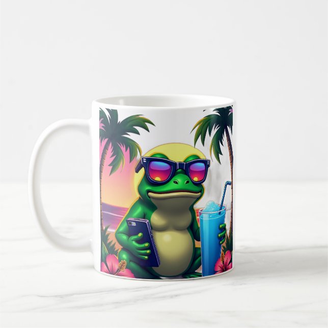 Y2K Grumpy Frog Vaporwave Retro Tropical Sunset Ae Coffee Mug (Left)
