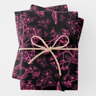 Y2K Hot Pink and Black Vintage Modern Botanical Wrapping Paper Sheets