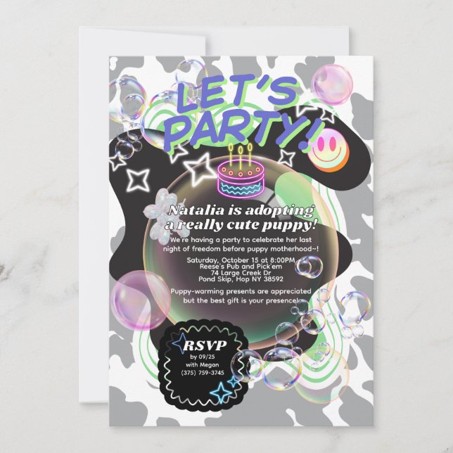 Y2K Let’s Party Invitation | Neon Retro Editable T (Front)