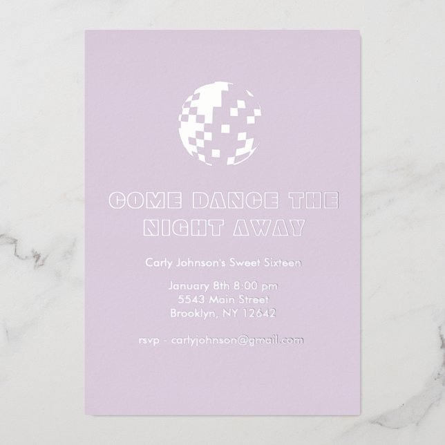 Y2K Metallic Silver Purple Disco Sweet Sixteen Foil Invitation (Front)
