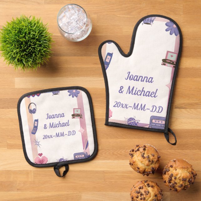 Y2K Pink Purple 2000s Retro Tech Geek Love Wedding Oven Mitt & Pot Holder Set (Top Down)