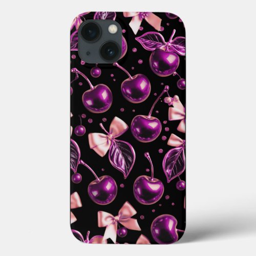 Y2K Purple Glossy Cherry Pattern Black iPhone Case