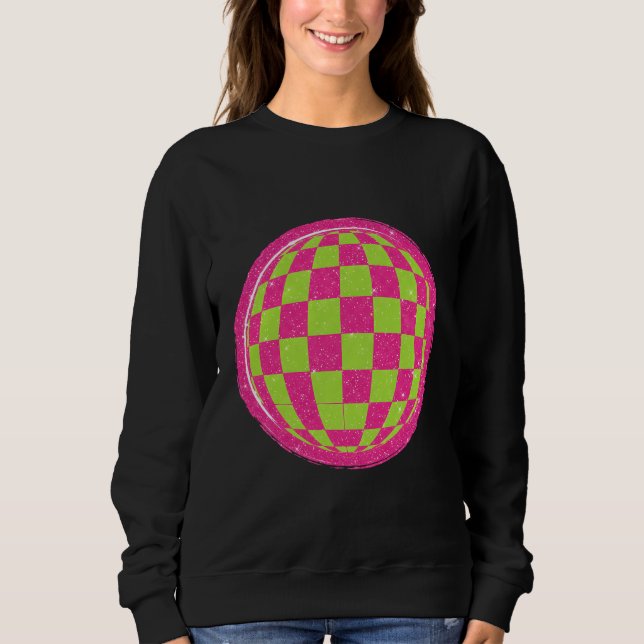 Y2K Retro Sparkle Distressed Checker Globe Sweatshirt (Front)