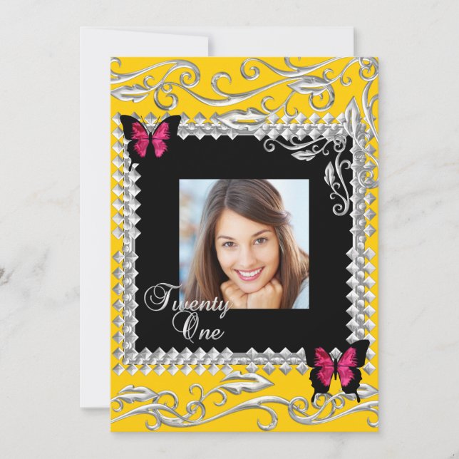 Y 21st Birthday Party Pink Black Butterflies Invitation (Front)