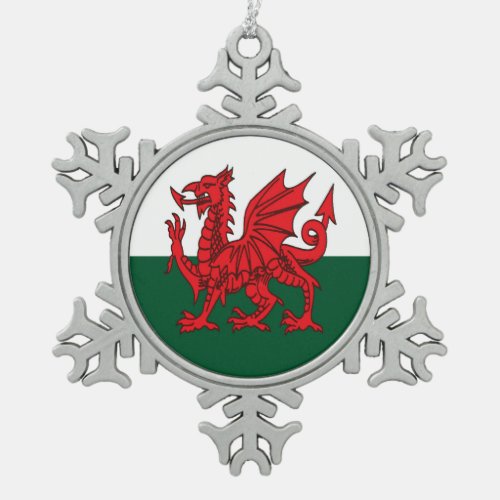 Y Ddraig Goch Grunge Welsh Flag Snowflake Pewter Christmas Ornament