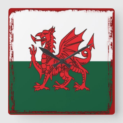 Y Ddraig Goch Grunge Welsh Flag Square Wall Clock