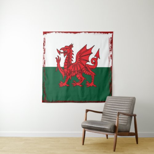 Y Ddraig Goch Grunge Welsh Flag Tapestry