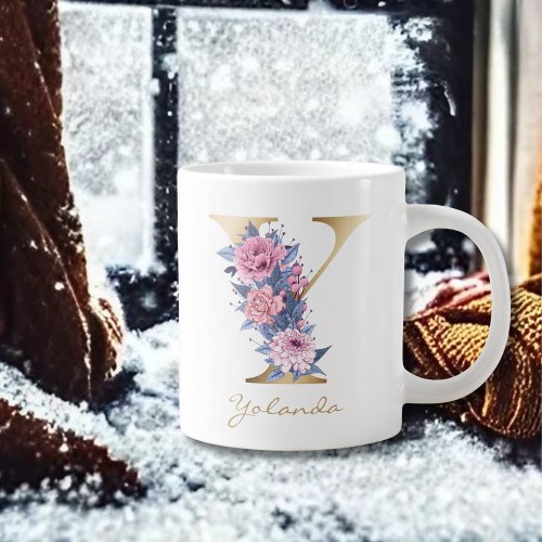 Y Letter Gold Monogram Pink Blue Floral Giant Coffee Mug