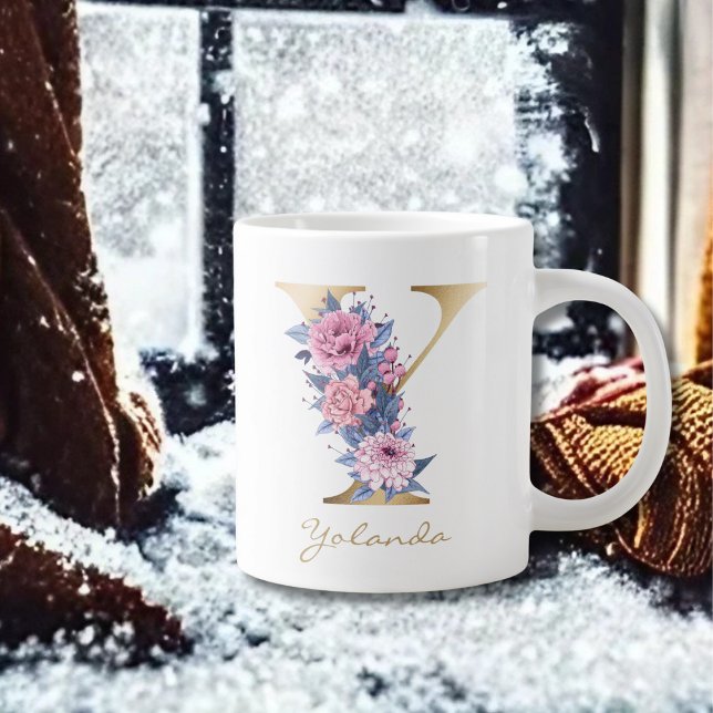 Y Letter Gold Monogram Pink Blue Floral Giant Coffee Mug (Creator Uploaded)