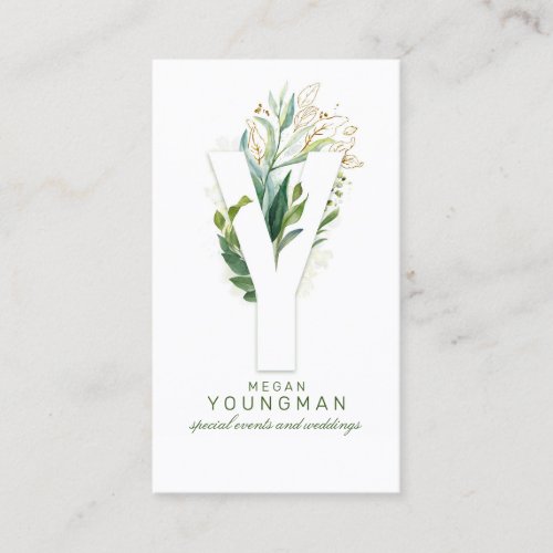 Y Letter Monogram Gold Greenery Leaves Elegant Business Card