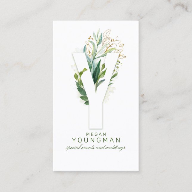 Y Letter Monogram Gold Greenery Leaves Elegant Business Card (Front)