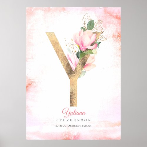 Y Letter Monogram Gold Leaves Pink Magnolia Floral Poster