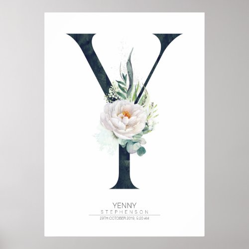 Y Letter Monogram White Flowers and Greenery Poster