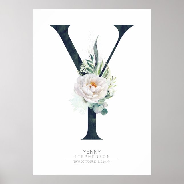 Y Letter Monogram White Flowers and Greenery Poster (Front)