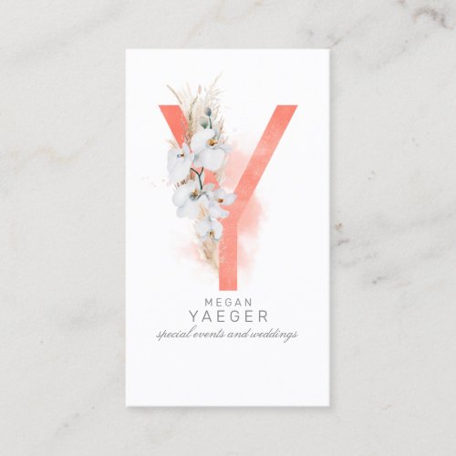 Y Letter Monogram White Orchids and Pampas Grass Business Card