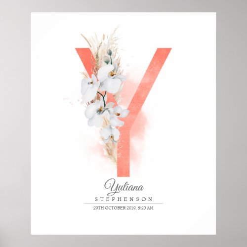 Y Letter Monogram White Orchids and Pampas Grass Poster