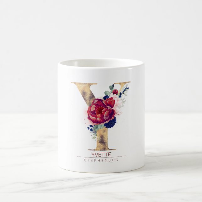 Y Monogram Floral Burgundy Red and Navy Blue Coffee Mug (Center)
