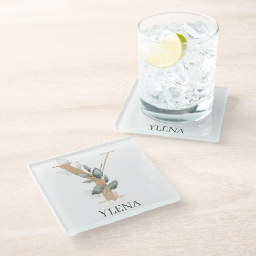 Y Monogram Floral Personalized Glass Coaster