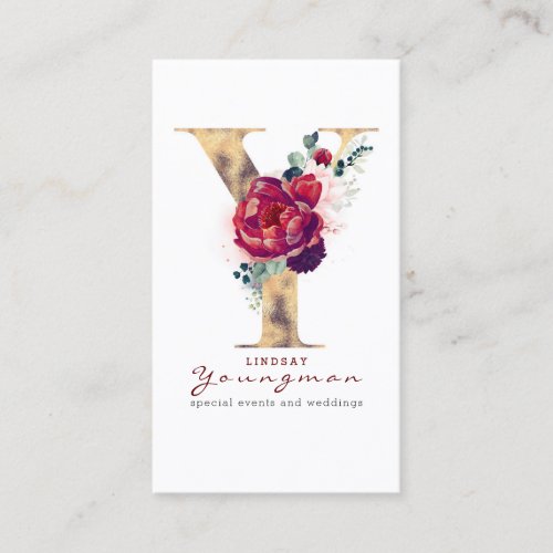Y Monogram Gold Foil and Burgundy Red Floral Business Card