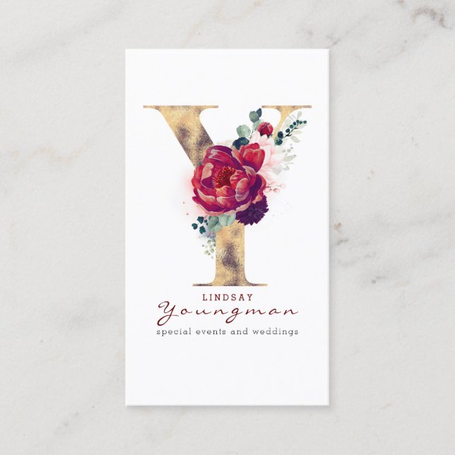 Y Monogram Gold Foil and Burgundy Red Floral Business Card (Front)