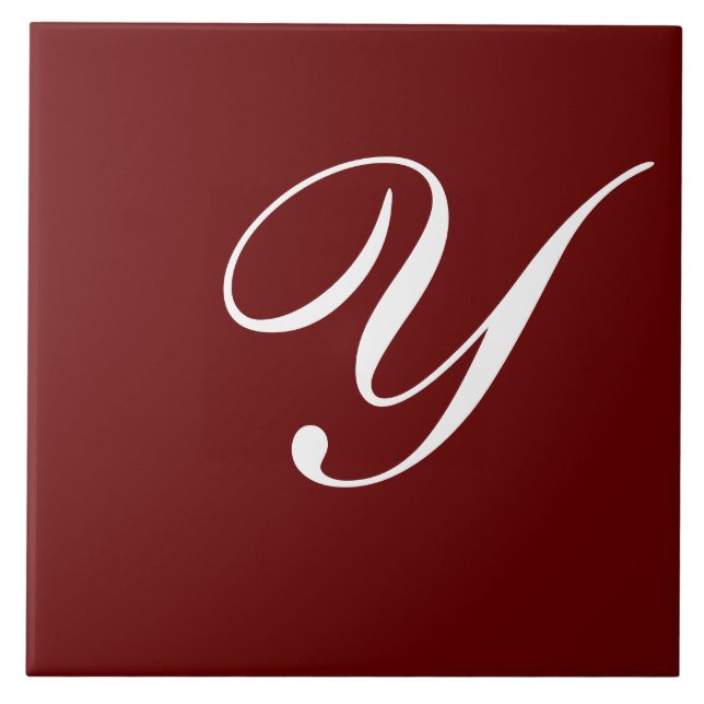Y Monogram Initial White on Dark Red Ceramic Tile (Front)