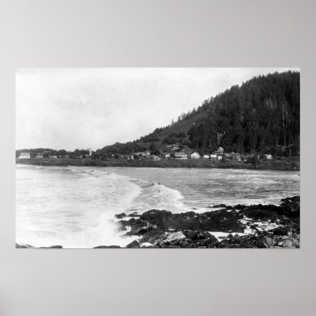 Yachats, Oregon Town View and Ocean Photograph Poster (Front)