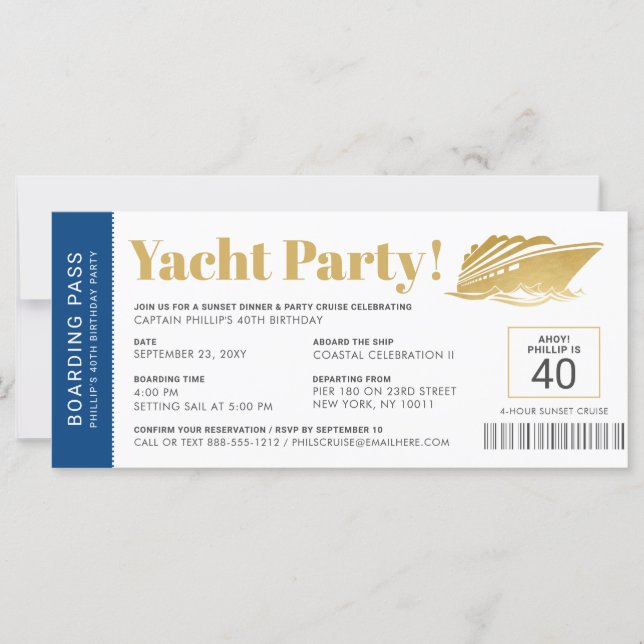 Yacht Boat Cruise Birthday Ticket Invitation (Front)