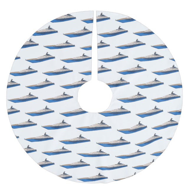 Yacht cartoon illustration  brushed polyester tree skirt (Front)