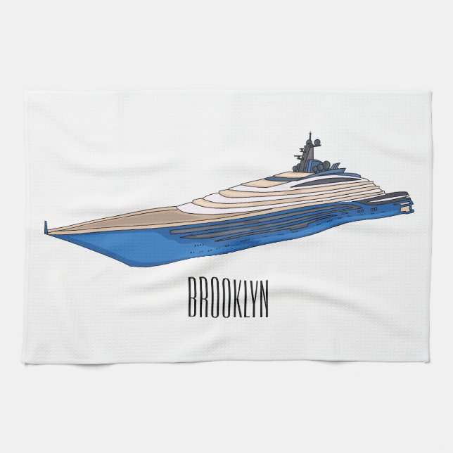 Yacht cartoon illustration kitchen towel (Horizontal)