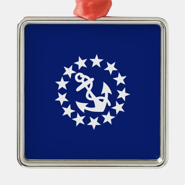 Yacht Flag Anchor Stars Symbol on Blue Metal Ornament (Front)