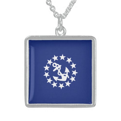 Yacht Flag Anchor Stars Symbol on Blue Sterling Silver Necklace