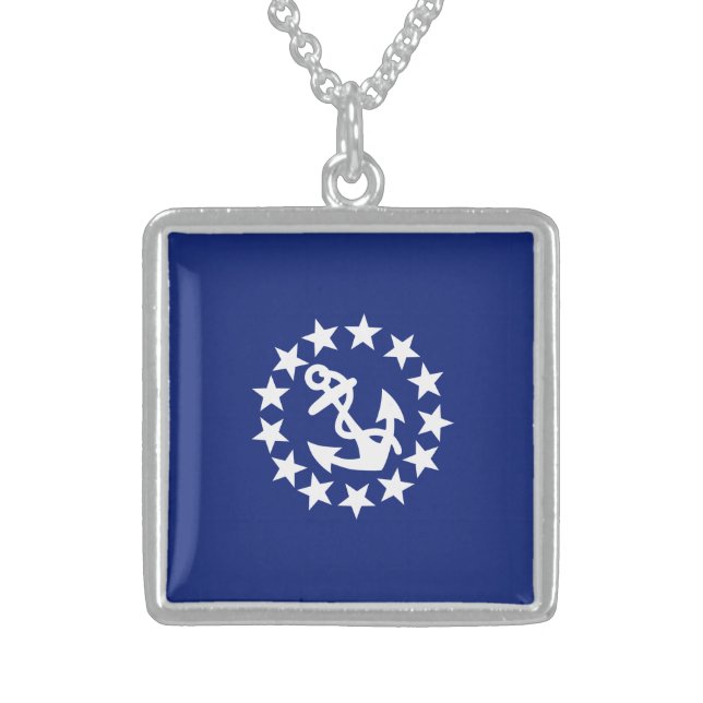 Yacht Flag Anchor Stars Symbol on Blue Sterling Silver Necklace (Front)
