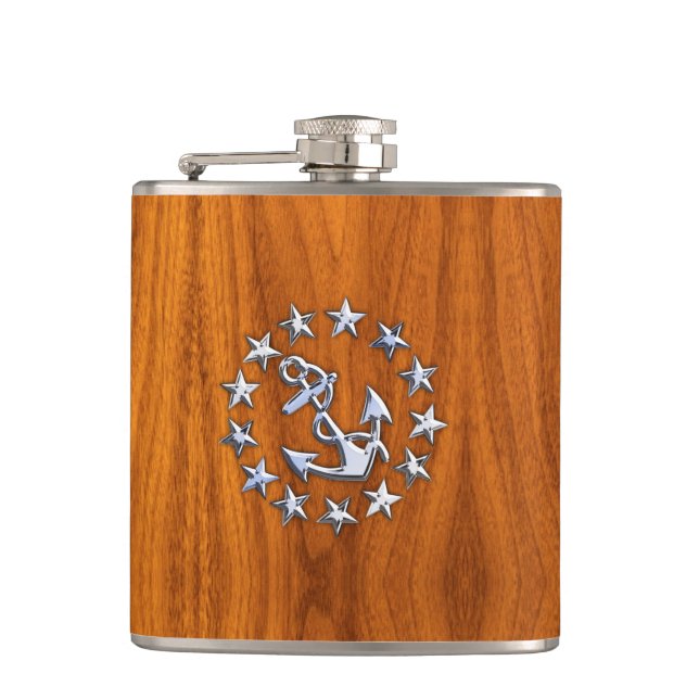Yacht Flag Sign on Nautical Teak Wood Print Flask (Front)